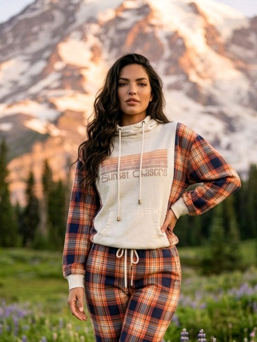 Sunset Chasers Mock Hoodie Plaid Sleeve Pullover Shacket